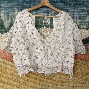 NWT Arula White Babydoll Crop Top with pink floral pattern and embroidery